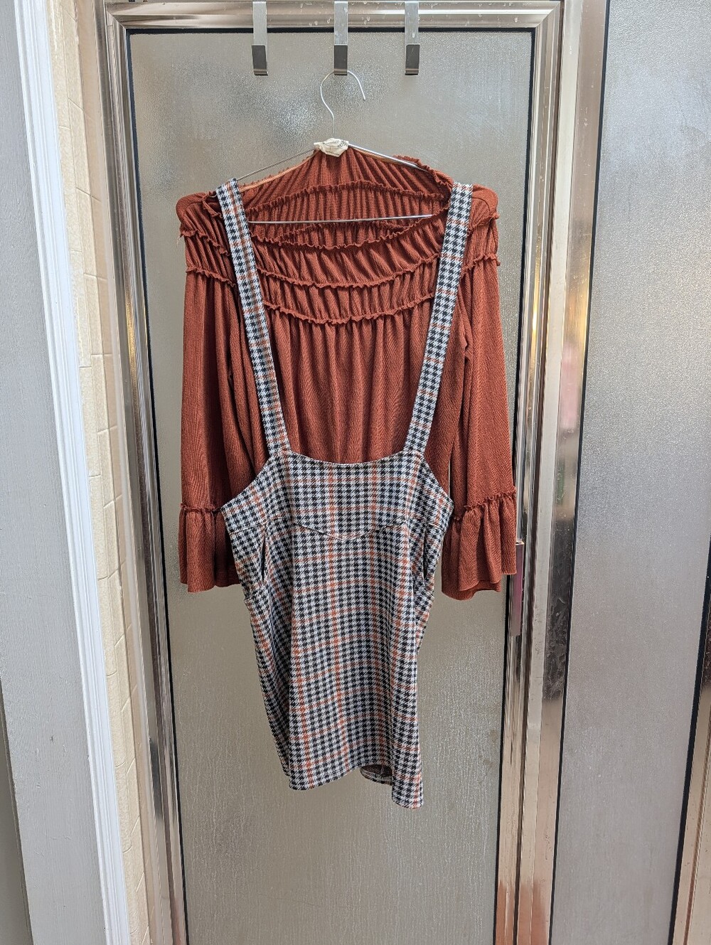 Joyfolie Rust Ruffle Neck Women's Top with Plaid Pinafore Layer